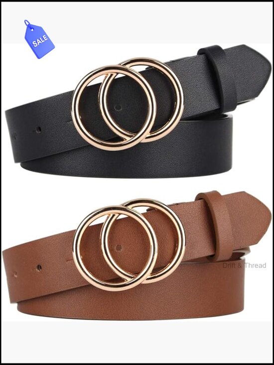 2 Pack Women\'s PU Leather Double O-Ring Belts for Jeans main image 4